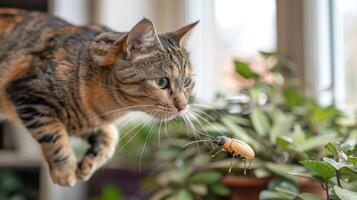 A cat leaps towards a beetle near a plant, showcasing a moment of playful hunting. photo