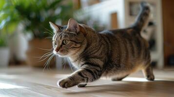A tabby cat gracefully walks across a wooden floor in a cozy indoor setting. photo