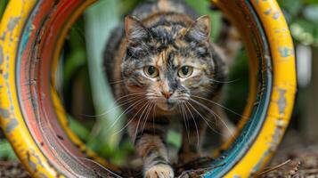 A curious cat exploring a colorful tunnel in a lush garden setting. photo