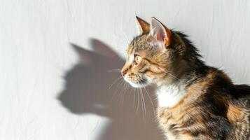 A cat's profile casts a shadow against a light background, highlighting its features. photo