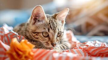 A playful kitten resting on colorful crumpled paper. photo