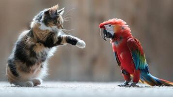 A cat playfully interacts with a colorful parrot in a warm, natural setting. photo