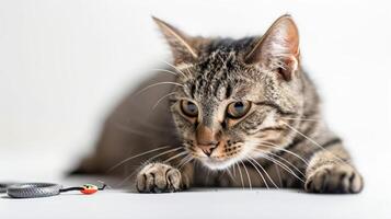 A focused tabby cat crouches near a small object, showcasing its hunting instincts. photo