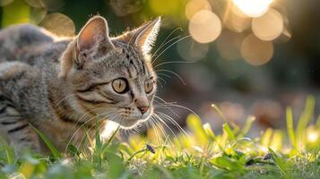 A curious cat crouches in grass, illuminated by soft sunlight, showcasing its playful nature. photo
