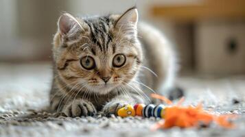 A playful kitten crouches, focused on a colorful toy in a cozy indoor setting. photo