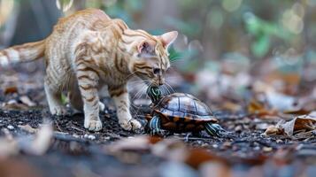 A curious cat interacts with a turtle in a natural setting, showcasing animal behavior. photo