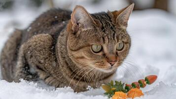 A cat crouches in the snow, eyeing colorful vegetables nearby. photo