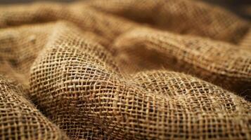 A close-up of textured burlap fabric, showcasing its woven pattern and natural fibers. photo