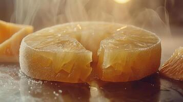 A close-up of a sliced, frozen pineapple with steam rising, highlighting its juicy texture. photo