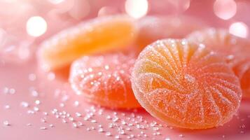 Colorful gummy candies sprinkled with sugar on a soft pink background. photo