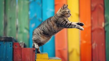 A tabby cat leaps off colorful steps against a vibrant backdrop. photo