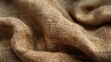 Close-up of textured burlap fabric showcasing its woven pattern and natural fibers. photo