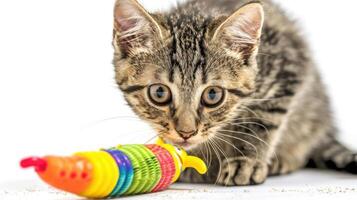 A playful kitten interacts with a colorful toy, showcasing curiosity and fun. photo