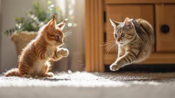 Two playful cats, one jumping and the other preparing to pounce, captured in a sunlit room. photo