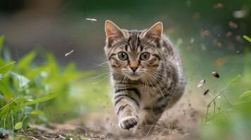A playful tabby cat running through a grassy area, creating a lively scene. photo