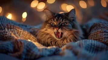 A close-up of a fierce-looking cat with bokeh lights in the background. photo