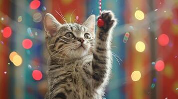 A playful kitten reaching for a colorful string amidst festive decorations. photo
