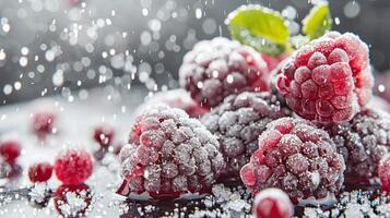 A close-up of frosted raspberries with droplets, showcasing freshness and vibrancy. photo