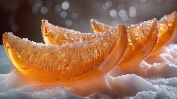 Glowing orange jelly slices on a snowy surface, showcasing a vibrant and enticing dessert. photo