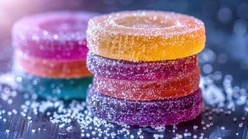 Colorful stacked gummy candies with a sugary coating on a dark background. photo