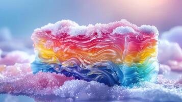 A colorful layered soap with a rainbow gradient and sugar-like texture on a reflective surface. photo