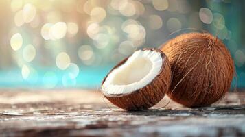 A close-up of a coconut, split open to reveal its white flesh, against a blurred background. photo