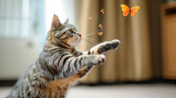 A playful cat leaps towards a colorful butterfly in a sunlit indoor setting. photo