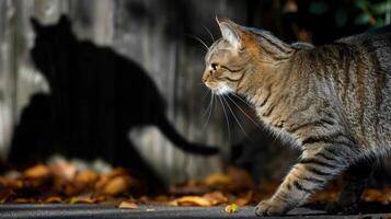 A tabby cat walks with its shadow cast on the ground, surrounded by autumn leaves. photo