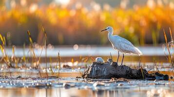 A serene scene of a white bird standing on a log in a tranquil wetland setting. photo