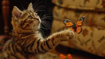 A playful cat reaches for a vibrant butterfly in a cozy indoor setting. photo