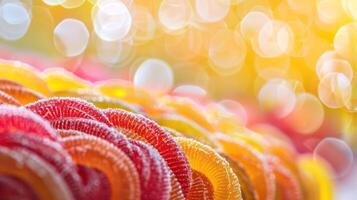 Colorful gummy candies arranged in a vibrant display with a soft, blurred background. photo