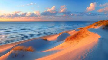 Serene coastal landscape at sunset with gentle dunes and vibrant sky. photo