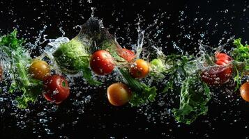 Fresh vegetables splashing in water, showcasing vibrant colors and textures. photo