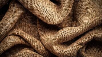 A close-up view of textured burlap fabric, showcasing its natural woven fibers and folds. photo