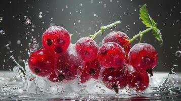 Fresh red currants splashing in water, showcasing their vibrant color and texture. photo