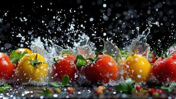 Fresh tomatoes splashing in water, showcasing vibrant colors and dynamic movement. photo