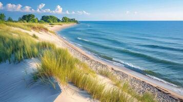 A serene beach scene with gentle waves, sandy shore, and lush greenery under a clear sky. photo