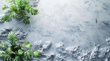 A serene flat lay featuring greenery on a textured marble background. photo
