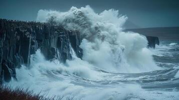 A dramatic ocean wave crashing against rocky cliffs under a moody sky. photo
