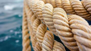 A close-up of intertwined rope against a backdrop of water. photo