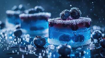 Colorful gelatin desserts garnished with blueberries and sugar, set against a moody backdrop. photo