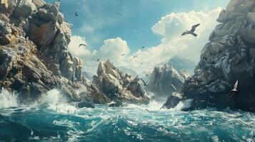 A serene coastal scene with rocky cliffs, turbulent waves, and birds soaring in the sky. photo