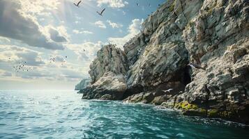 A serene coastal landscape featuring rocky cliffs and birds soaring above the ocean. photo