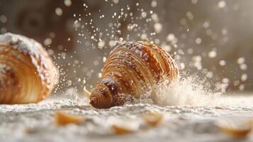 A close-up of seashells surrounded by a sprinkle of flour, creating a dynamic, artistic scene. photo