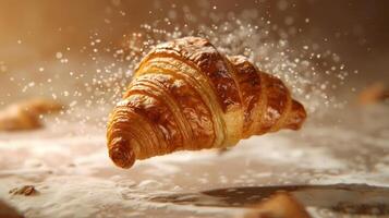 A beautifully rendered croissant floating above a surface with a sprinkle of flour. photo