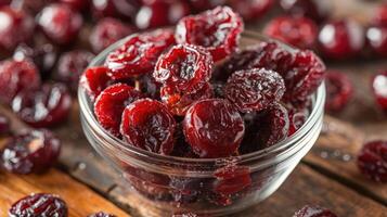 A bowl of dried cranberries on a wooden surface, showcasing their rich color and texture. photo