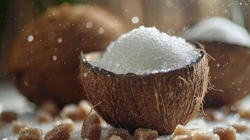 A coconut shell filled with white sugar, surrounded by brown sugar cubes and coconuts. photo