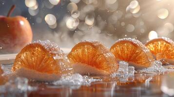 A close-up of glistening orange slices with ice and an apple in a dreamy, sparkling background. photo