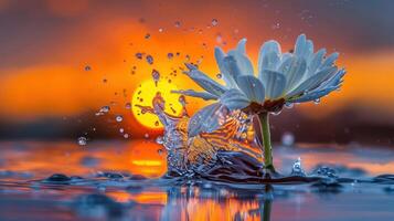 A close-up of a flower splashing in water against a vibrant sunset backdrop. photo