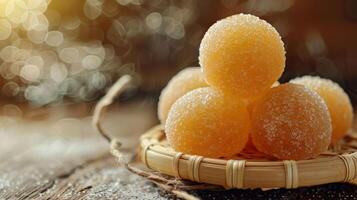 Four round, orange sweets coated in sugar on a woven plate, with a soft-focus background. photo